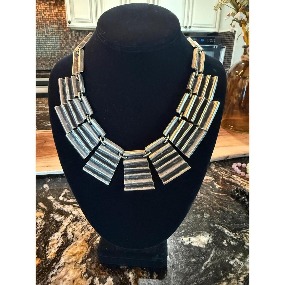 Vintage Turkish Ottoman Coin Brutalist Bib Necklace Silver Tone Ribbed Statement - Picture 1 of 7